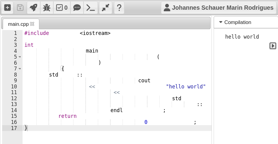 C++ hello world scattered across 17 lines of random whitespace